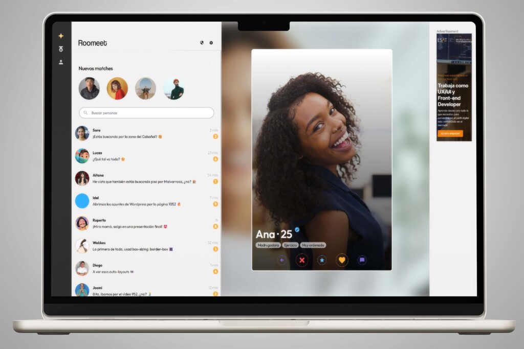 Portatil que muestra la aplicación web Roomeet